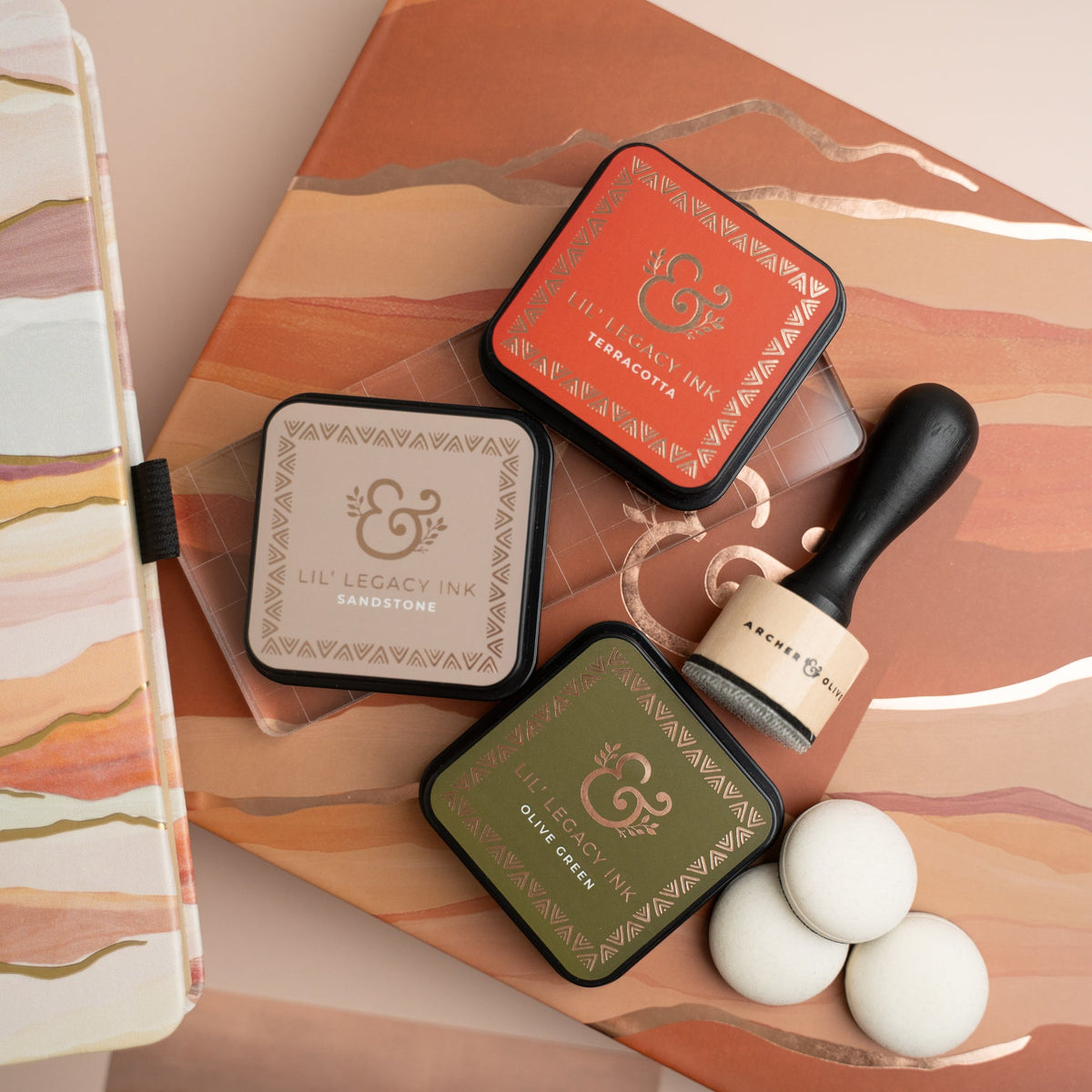 Archer & Olive Layered Lands tool kit with three Lil’ Legacy ink pads, acrylic block, blending tool, and foam pads