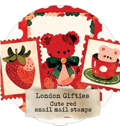 Red bear and strawberry design with 'London Gifties' text on a white background