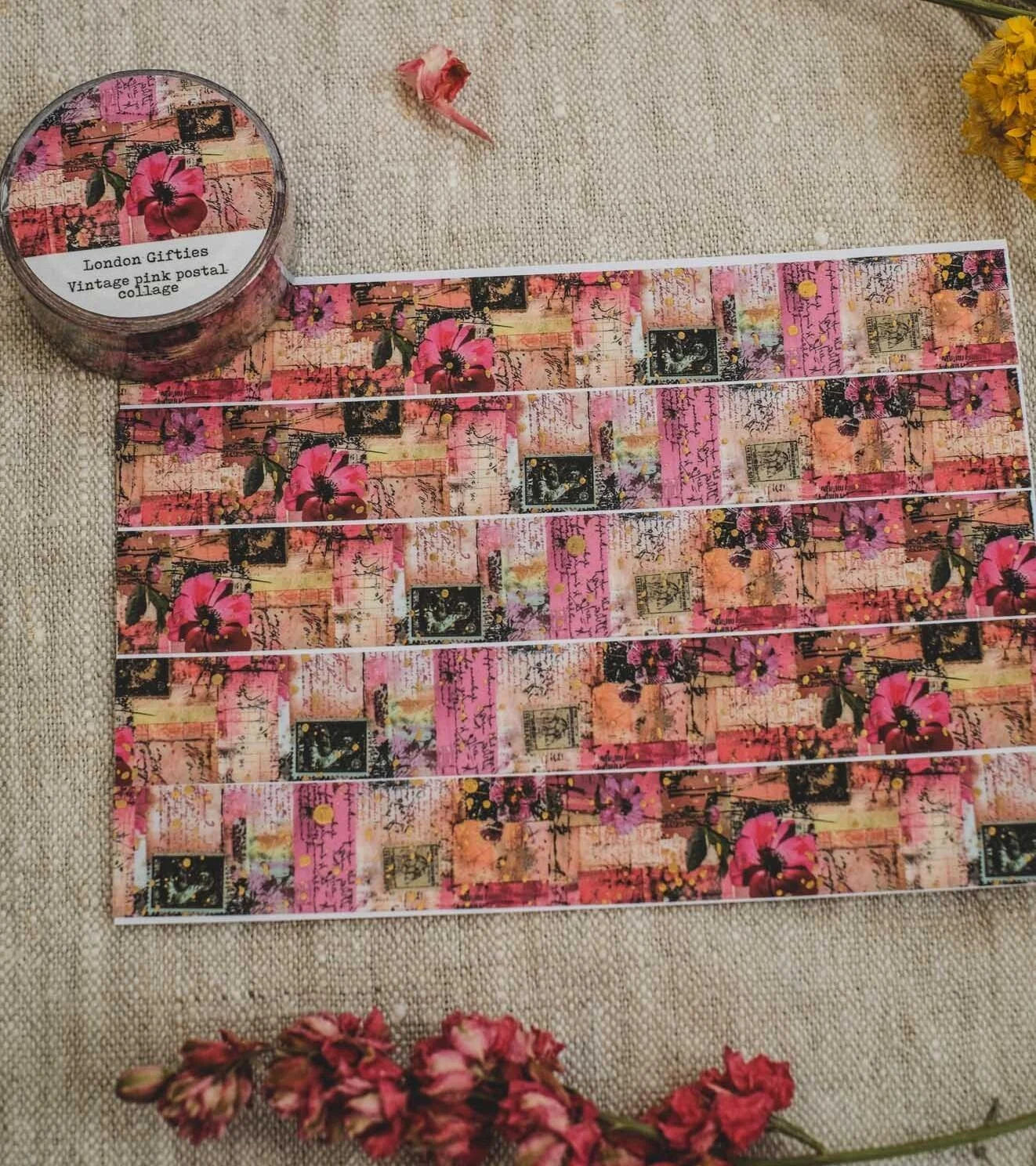 London Gifties Vintage Pink Postal Collage 2cm wide foil washi tape