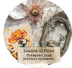 Decorative item with flowers, textures, and text overlay 'London Gifties Tattered junk journal ephemera'.