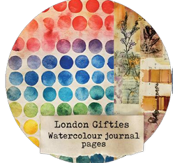 Round product with watercolor design and text 'London Giffties Watercolour journal pages'.