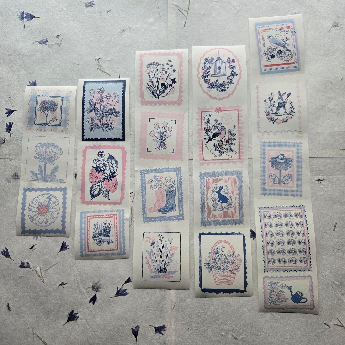 Collection of decorative stamps on a textured surface