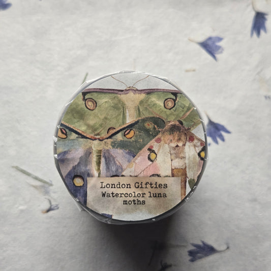 London Gifties Watercolor Luna Moths 6cm Wide Kiss Cut Ink PET Tape