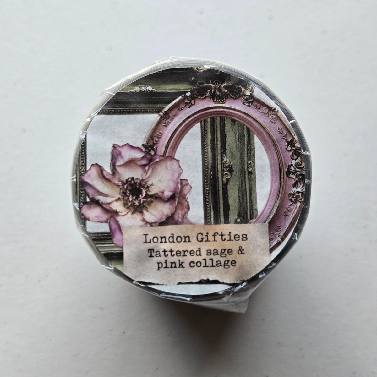 London Gifties Tattered Sage & Pink Collage 8cm Wide Kiss Cut Ink PET Tape