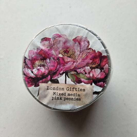 London Gifties Mixed Media Pink Peonies 6cm Wide Kiss Cut Ink PET Tape
