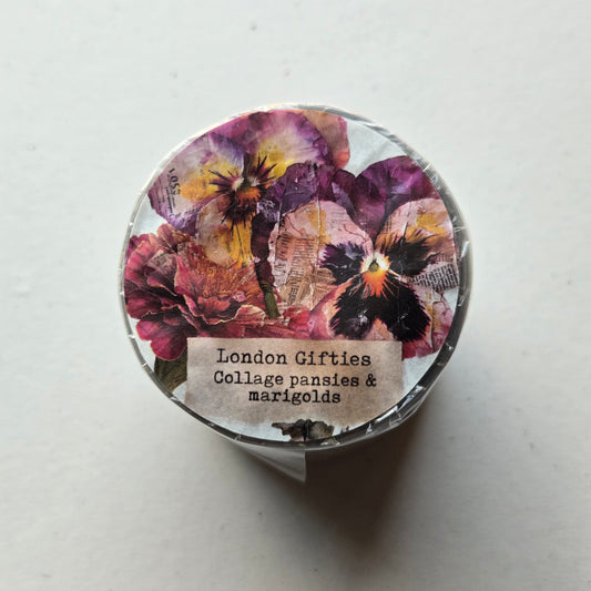 London Gifties Collage Pansies & Marigolds 6cm Wide Kiss Cut Ink PET Tape