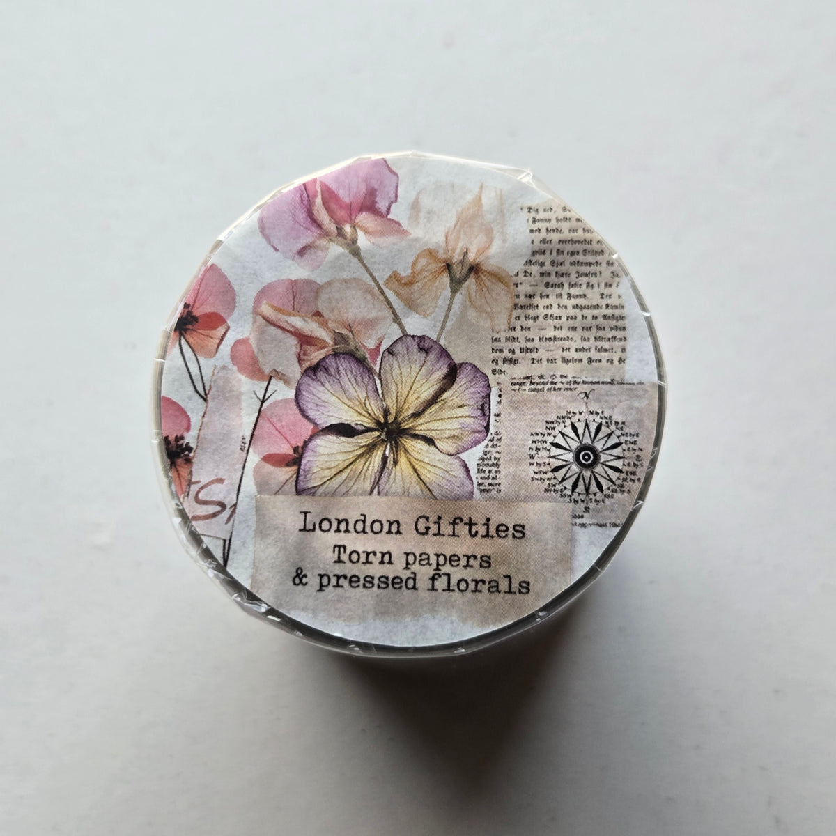 London Gifties Torn Papers & Pressed Florals 8cm Wide Kiss Cut Ink PET Tape