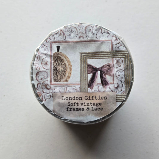 London Gifties Soft Vintage Frames & Lace 8cm Wide Kiss Cut Ink PET Tape