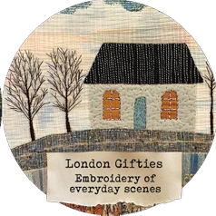Embroidery of a house and trees with 'London Gifties'