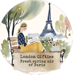 Illustration of a woman reading a book with Eiffel Tower and Parisian scene, featuring 'London Gifties' text.