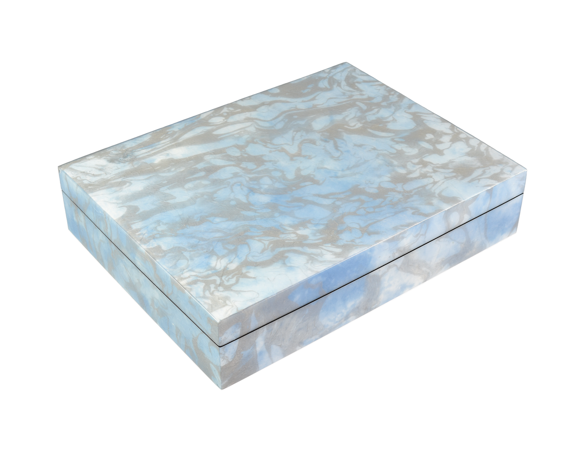 Cool Spring long lacquer stationery box with blue gray paper inlay by Pacific Connections