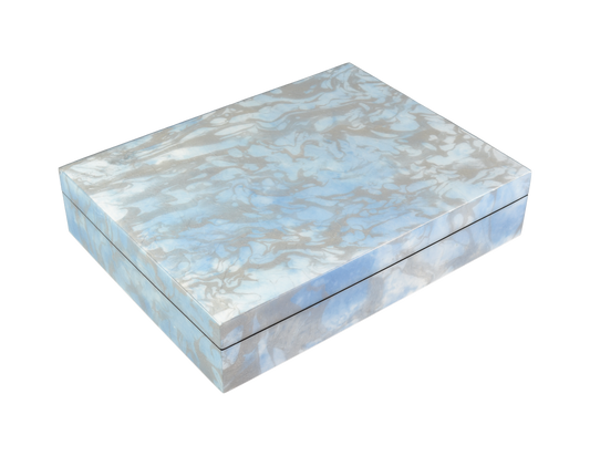 Cool Spring long lacquer stationery box with blue gray paper inlay by Pacific Connections
