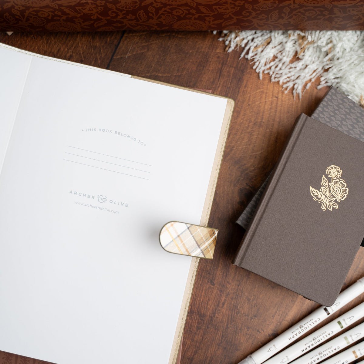Archer & Olive Golden Season Plaid B5 Deluxe System in warm autumn colors with a removable dot grid notebook