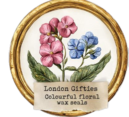 Decorative wax seal with pink and blue flowers and a gold frame, featuring 'London Giftries' text.