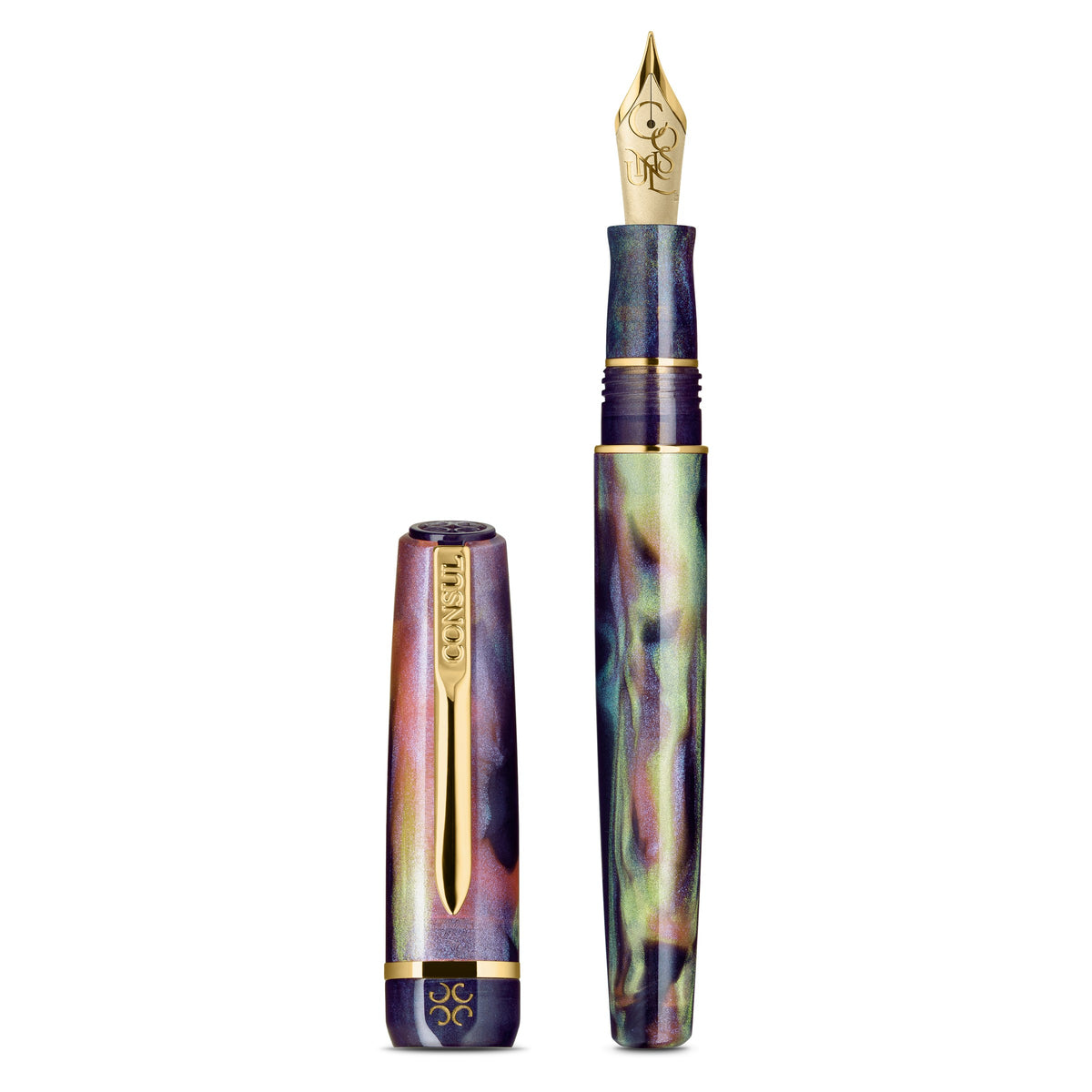 Consul Elan fountain pen in Boreal, an aurora swirl of green, teal, pink and violet resin with gold trim and a gold-tone JoWo nib, shown uncapped