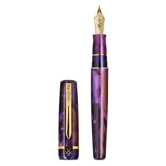 Consul Elan fountain pen in Claret, a swirled violet and wine-red resin with gold trim and a gold-tone JoWo nib, shown uncapped
