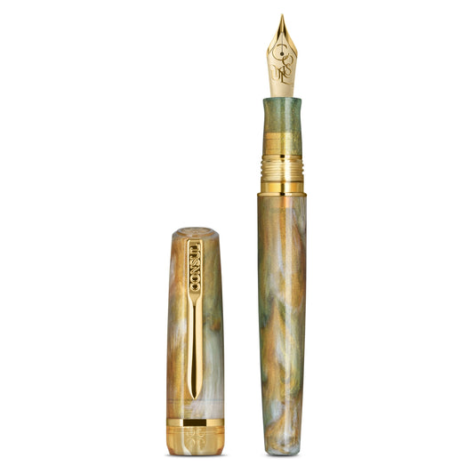 Consul Elan fountain pen in Sage, a swirled green, honey gold and silver pearl resin with gold trim and a gold-tone JoWo nib, shown uncapped