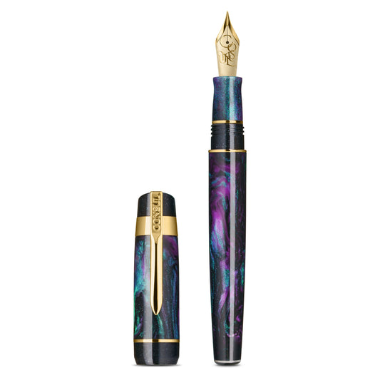 Consul Guardian fountain pen in Abyss, a midnight-black resin swirled with violet, magenta and teal shimmer, gold trim and a gold-tone JoWo nib, shown uncapped