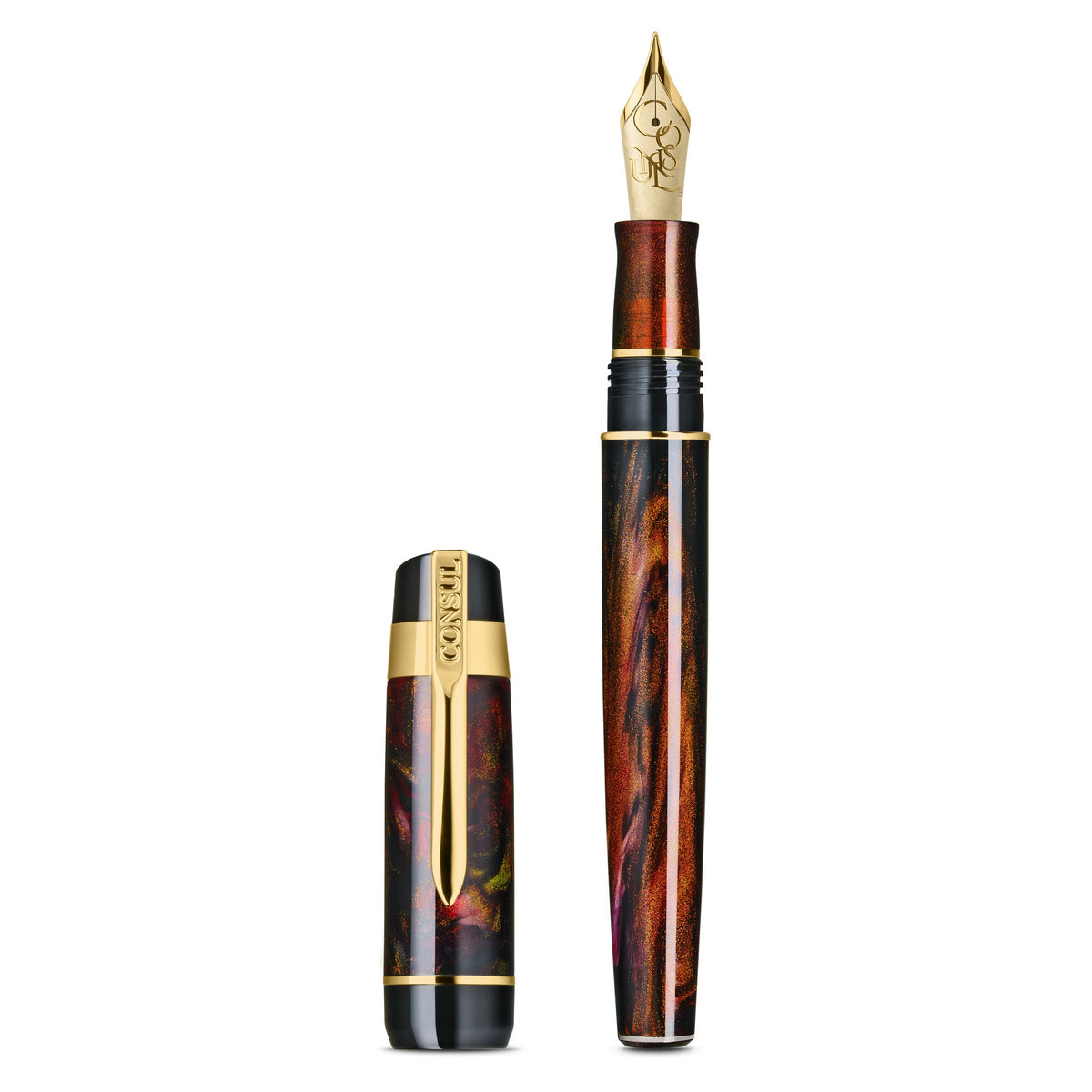 Consul Guardian fountain pen in Ember, a black resin swirled with copper, rust red and crimson with gold shimmer, gold trim and a gold-tone JoWo nib, shown uncapped