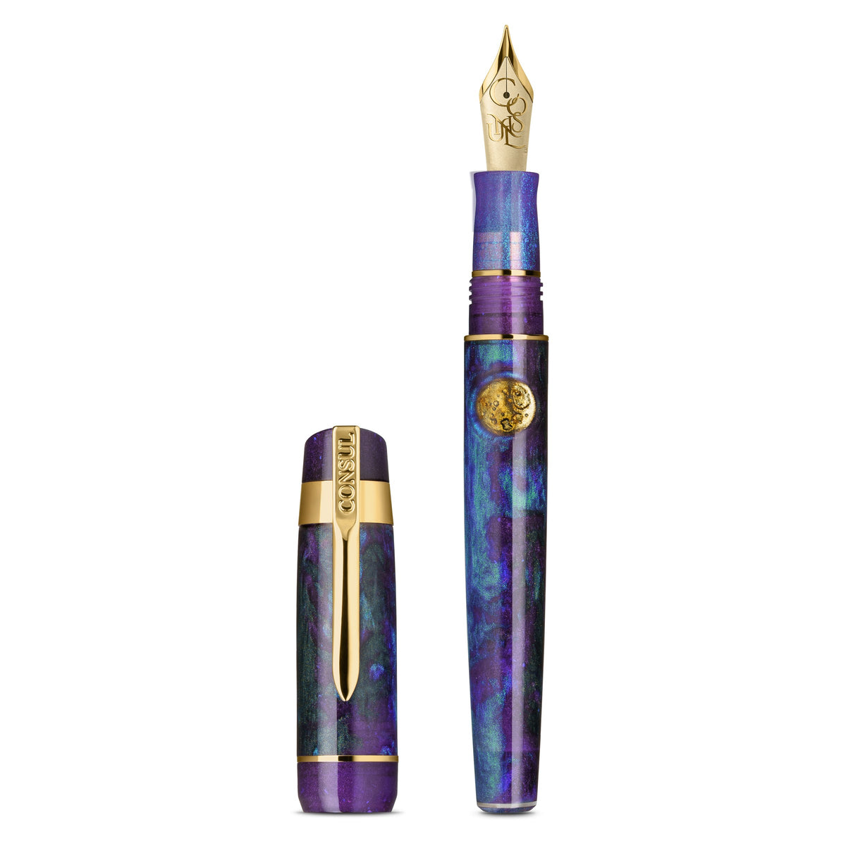 Consul Guardian fountain pen in Nightfall, purple and teal resin with a hand-painted gold moon on the barrel, gold trim and a gold-tone JoWo nib, shown uncapped