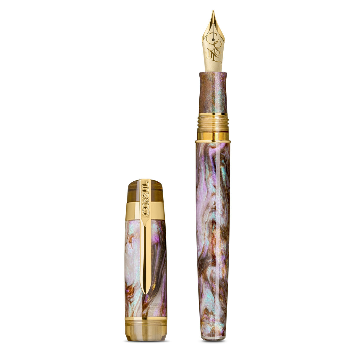 Consul Guardian fountain pen in Oyster, a swirled lilac, pearl white and bronze mother-of-pearl resin with gold trim and a gold-tone JoWo nib, shown uncapped