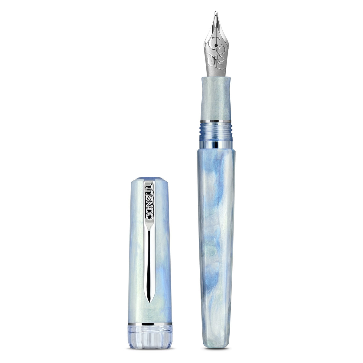 Consul Origin fountain pen in Glacier, a pale blue pearl resin with chrome trim and a steel JoWo nib, shown uncapped