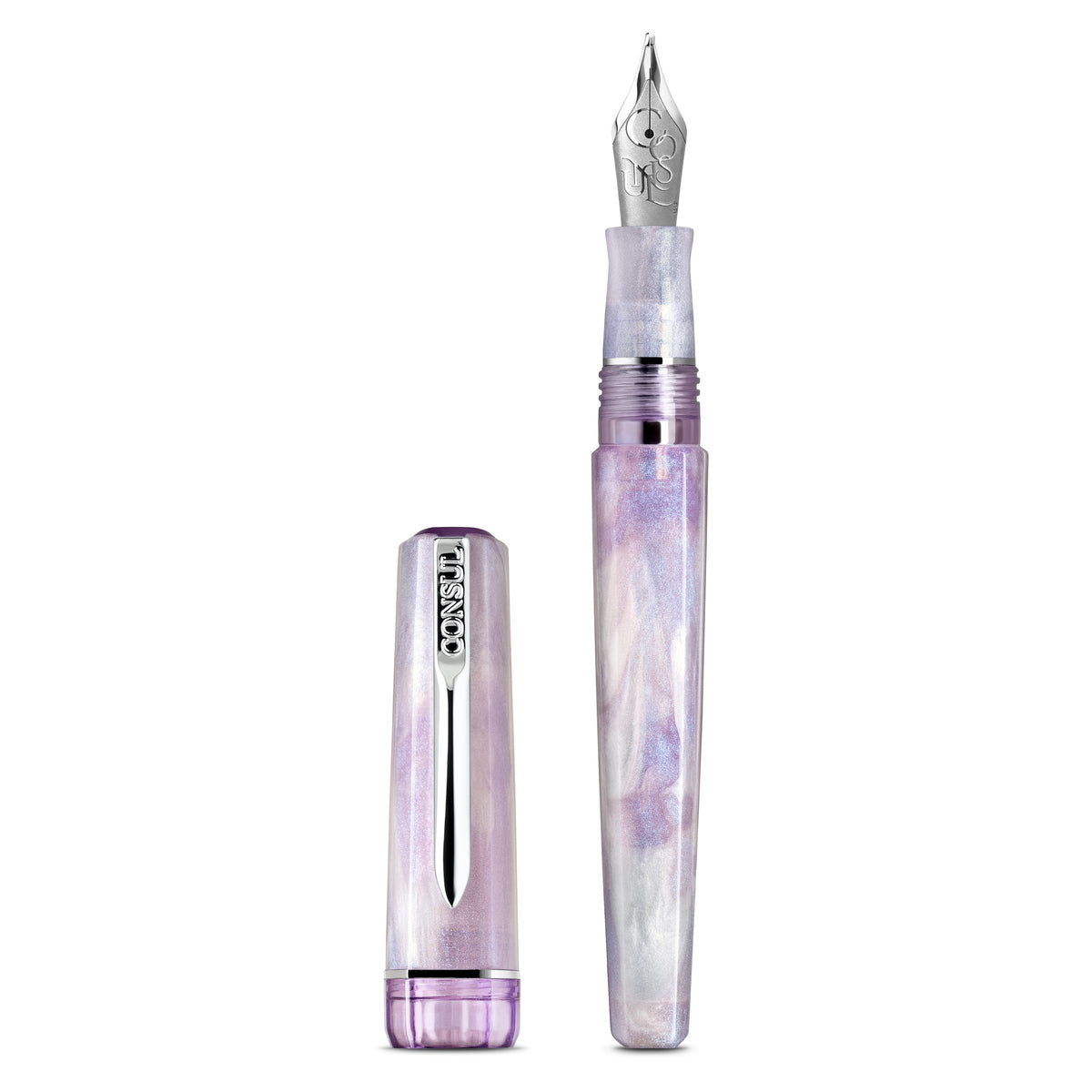 Consul Origin fountain pen in Vesper, a lavender pearl resin with chrome trim and a steel JoWo nib, shown uncapped