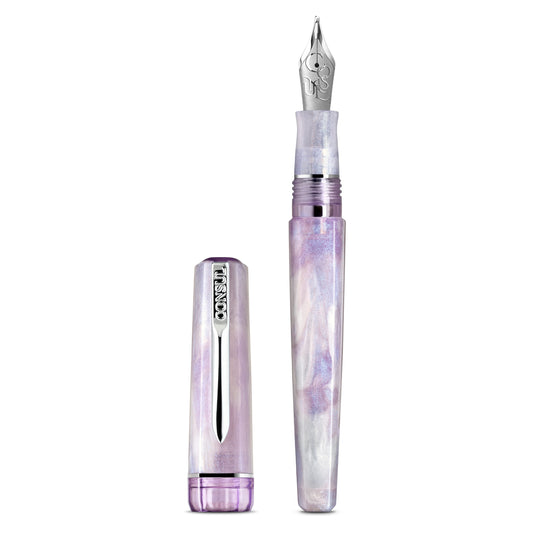 Consul Origin fountain pen in Vesper, a lavender pearl resin with chrome trim and a steel JoWo nib, shown uncapped