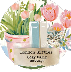 Decorative sticker with tulips, a book, and potted plants with 'London Gifties Cozy Tulip Cottage' text