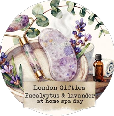 eucalyptus, lavender, and a bottle labeled 'London Gifties Eucalyptus & lavender at home spa day