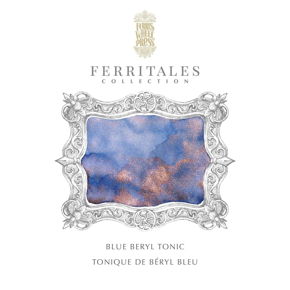 Ferris Wheel Press Blue Beryl Tonic periwinkle blue ink swatch with purple shading and rose gold shimmer