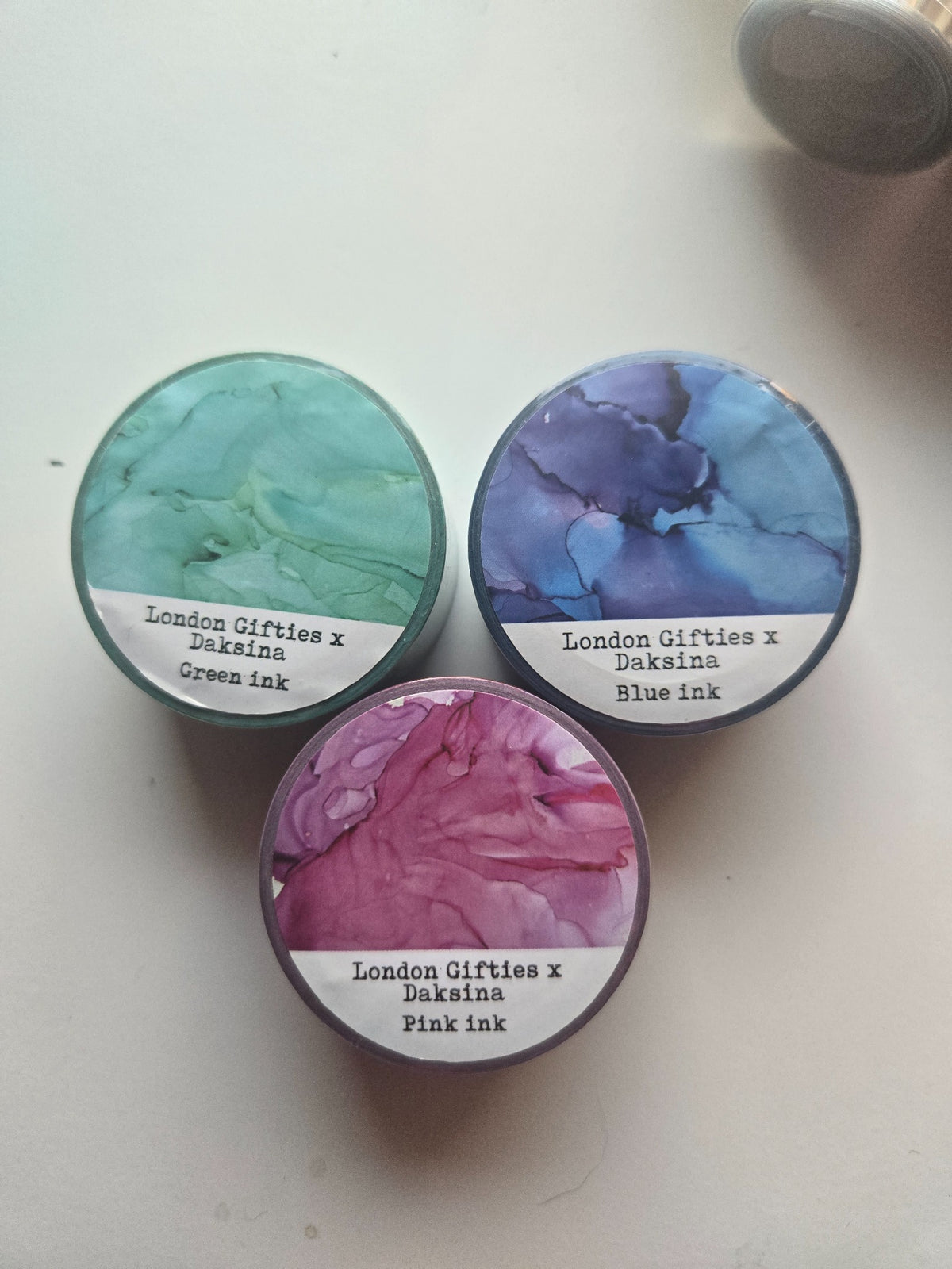 London Gifties x Daksina set of three ink washi tape rolls in green, blue, and pink
