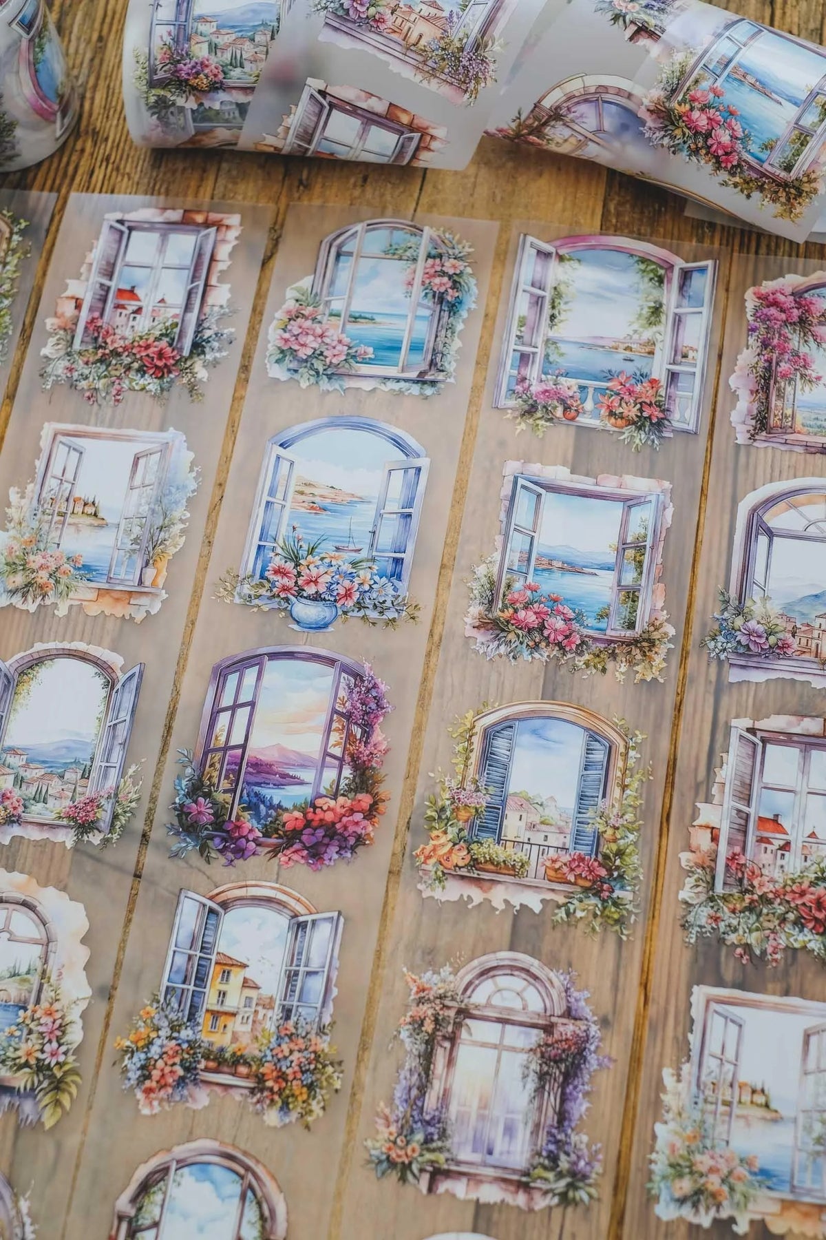 Colourful Summer Floral Windows 7cm wide glossy 3D kiss-cut PET tape Loop