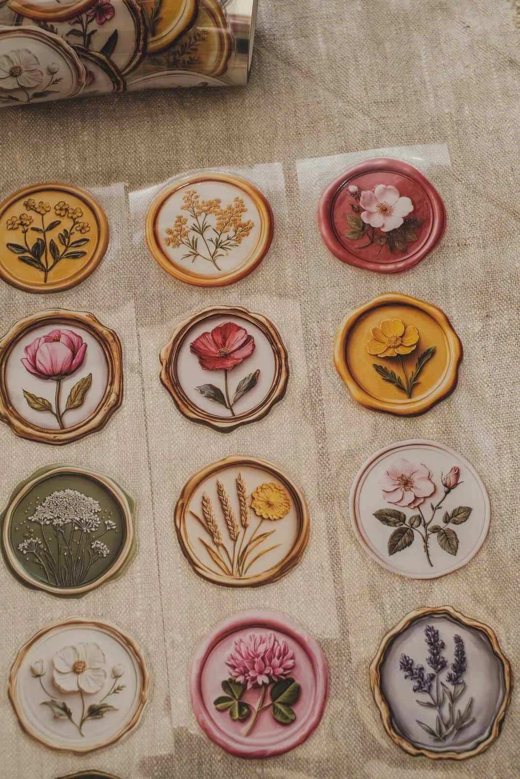 Floral Wax Seals - again! 6cm wide gloss kiss cut PET tape