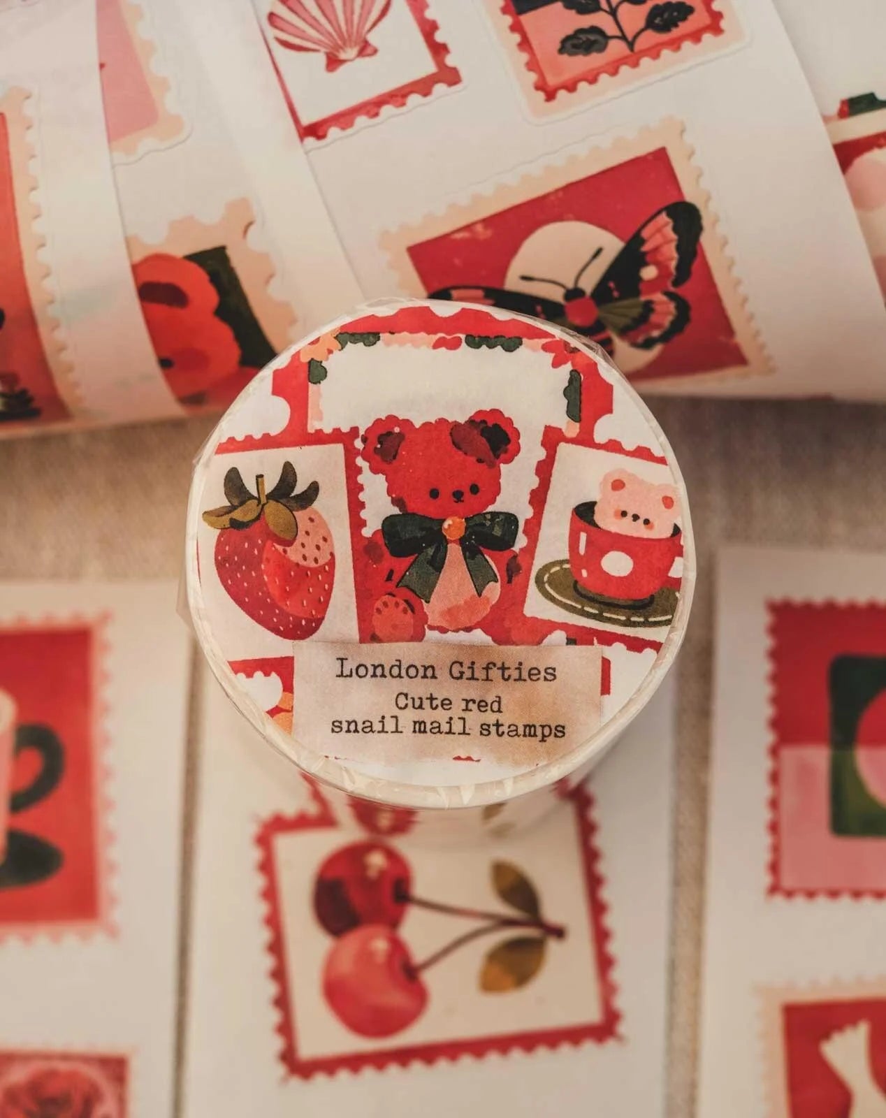 Cute Red Small Mail Stamps 6cm wide glossy 3D kiss-cut Washi Tape