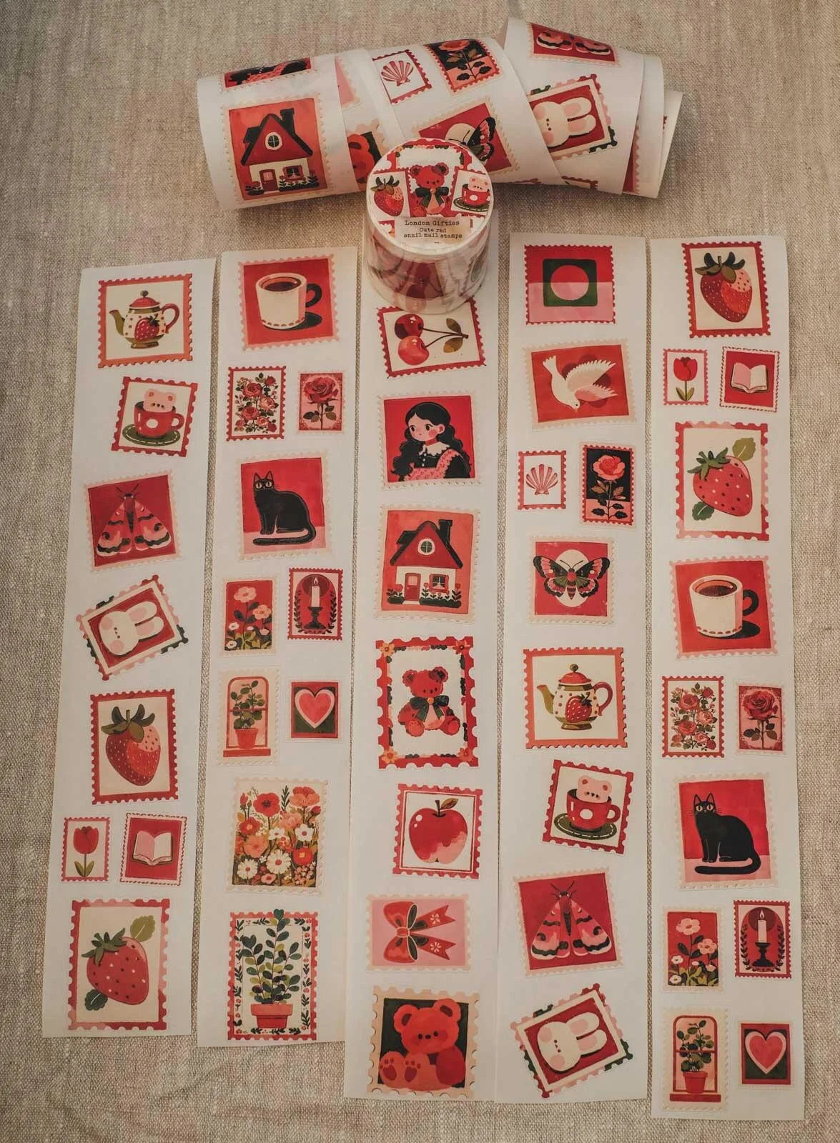 Cute Red Small Mail Stamps 6cm wide glossy 3D kiss-cut Washi Tape