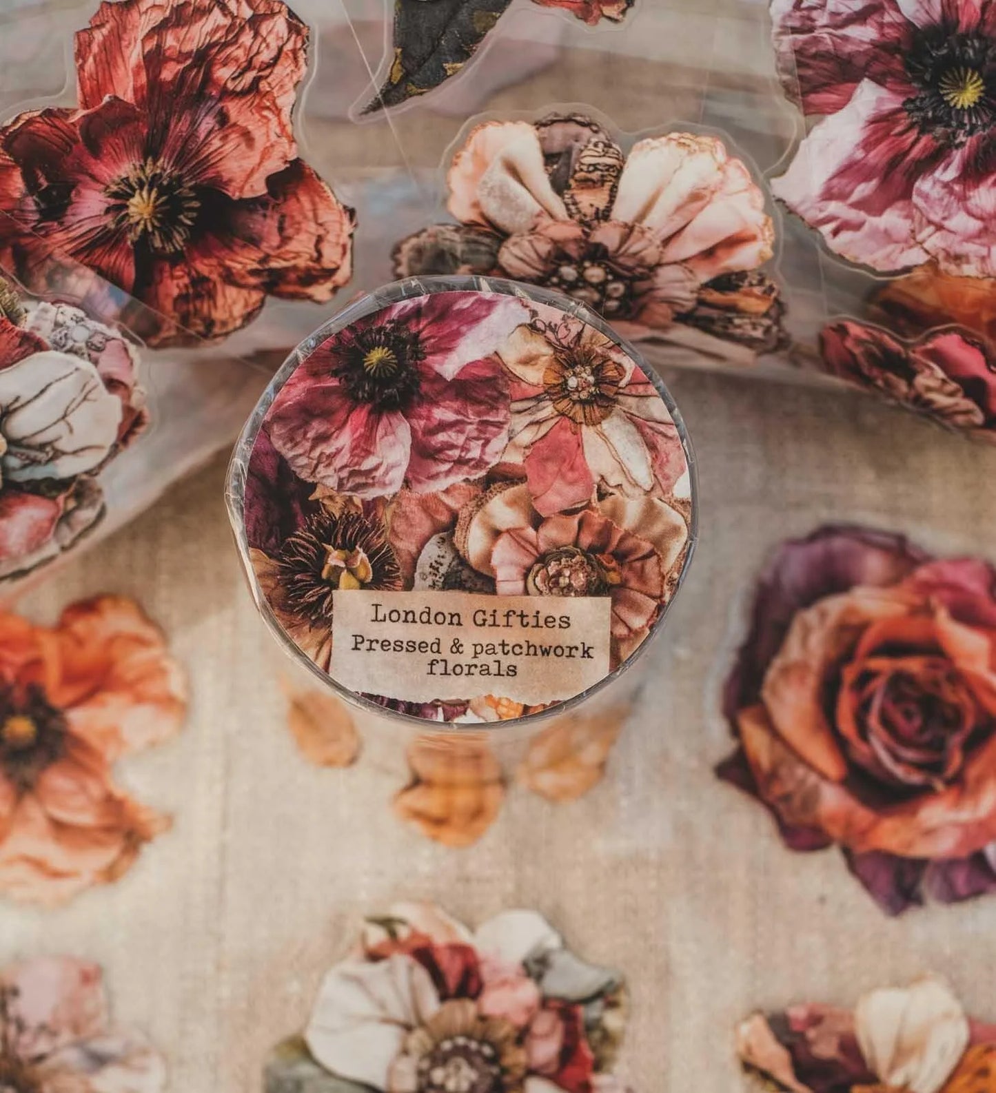 Pressed & Patchwork Florals 6cm wide gloss kiss cut PET tape