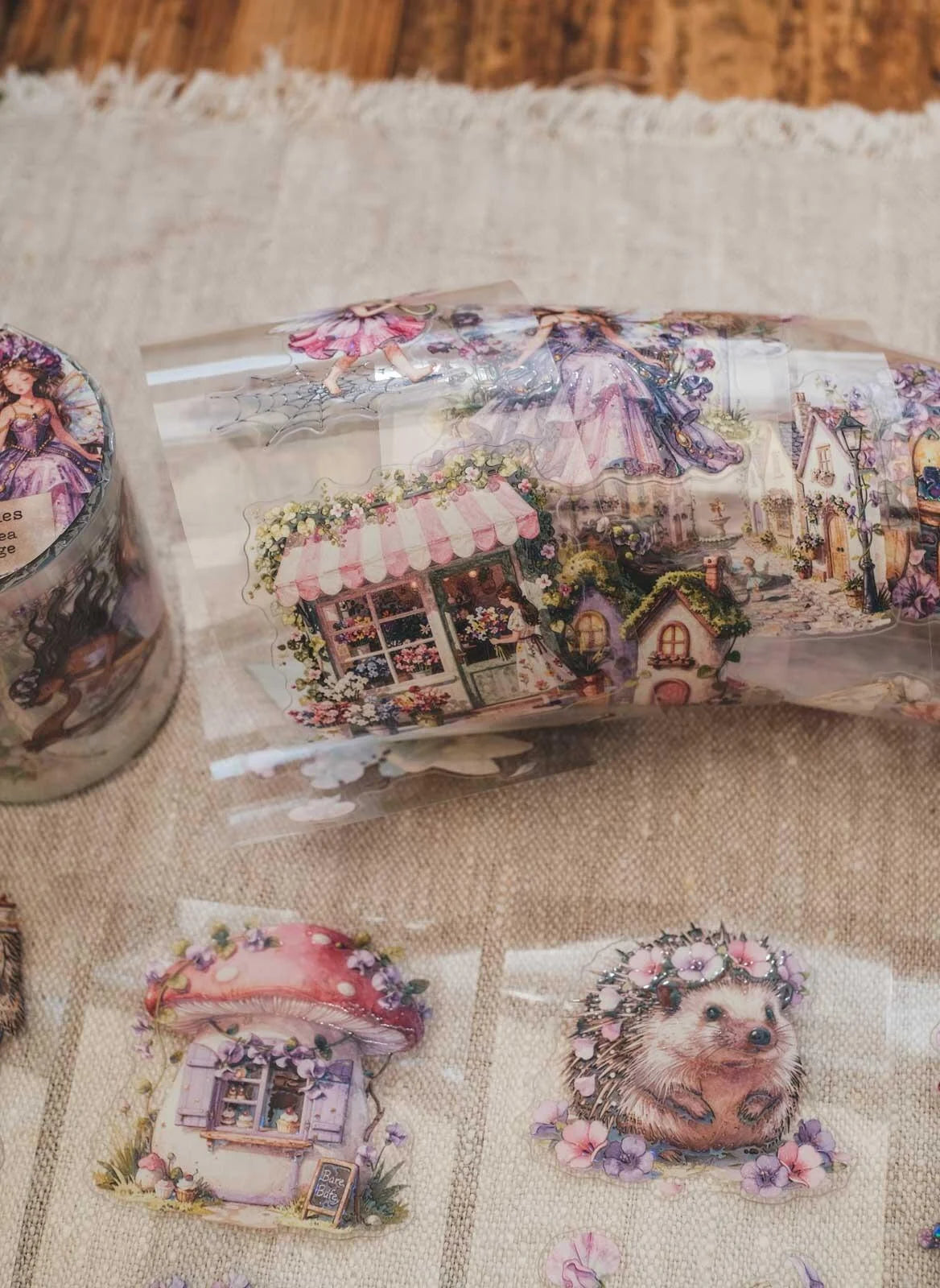 Tiny Sweet Pea Fairy Cottage 6cm wide glossy kiss cut PET tape w HOLO Foil