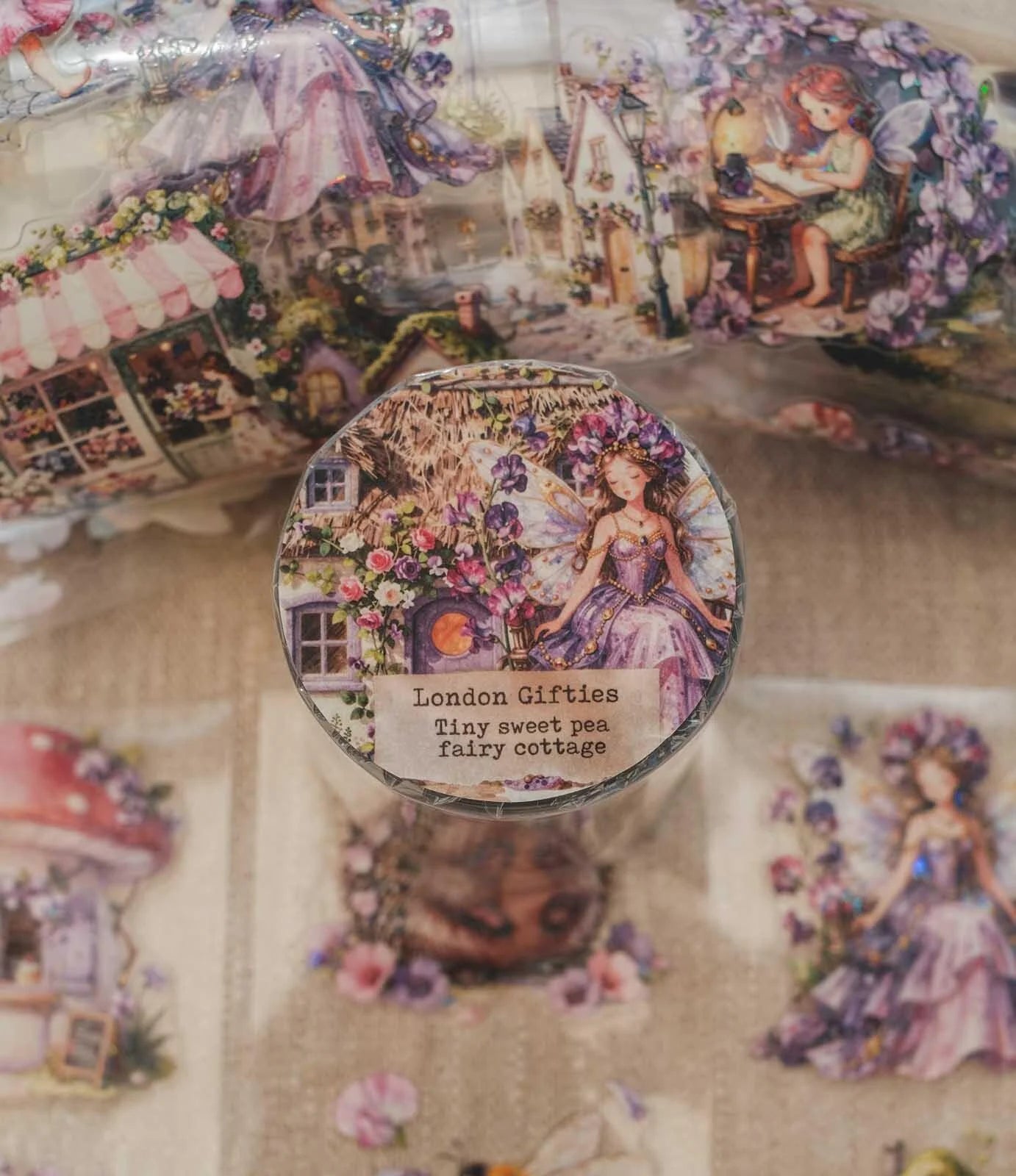 Tiny Sweet Pea Fairy Cottage 6cm wide glossy kiss cut PET tape w HOLO Foil