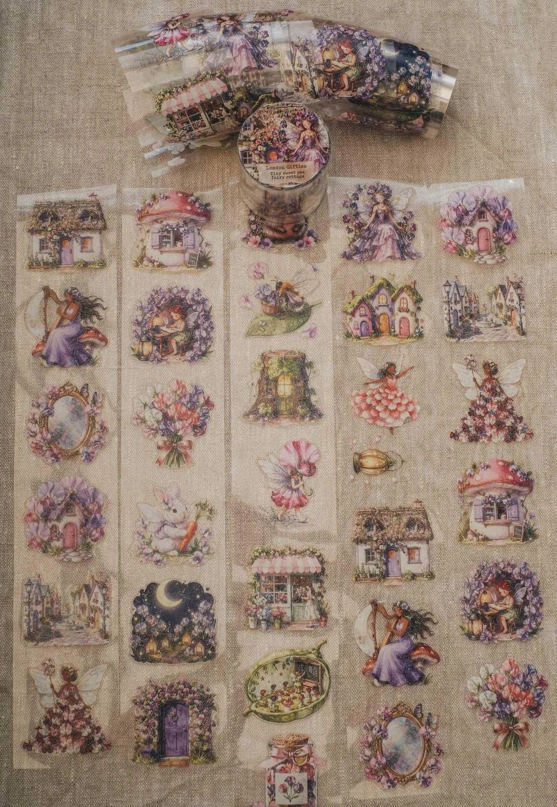 Tiny Sweet Pea Fairy Cottage 6cm wide glossy kiss cut PET tape w HOLO Foil