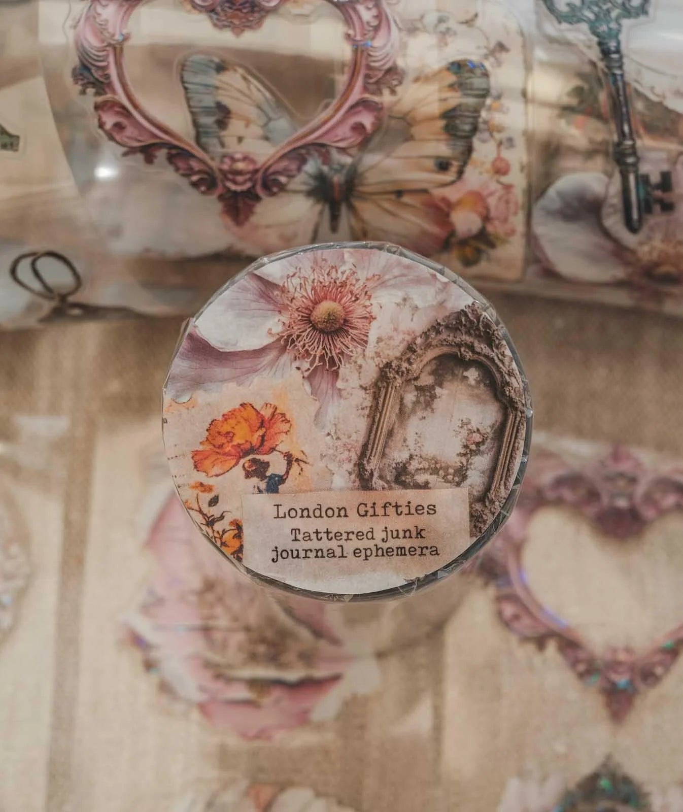 Tattered Junk Journal Ephemera 6cm wide glossy kiss cut PET tape w HOLO Foil