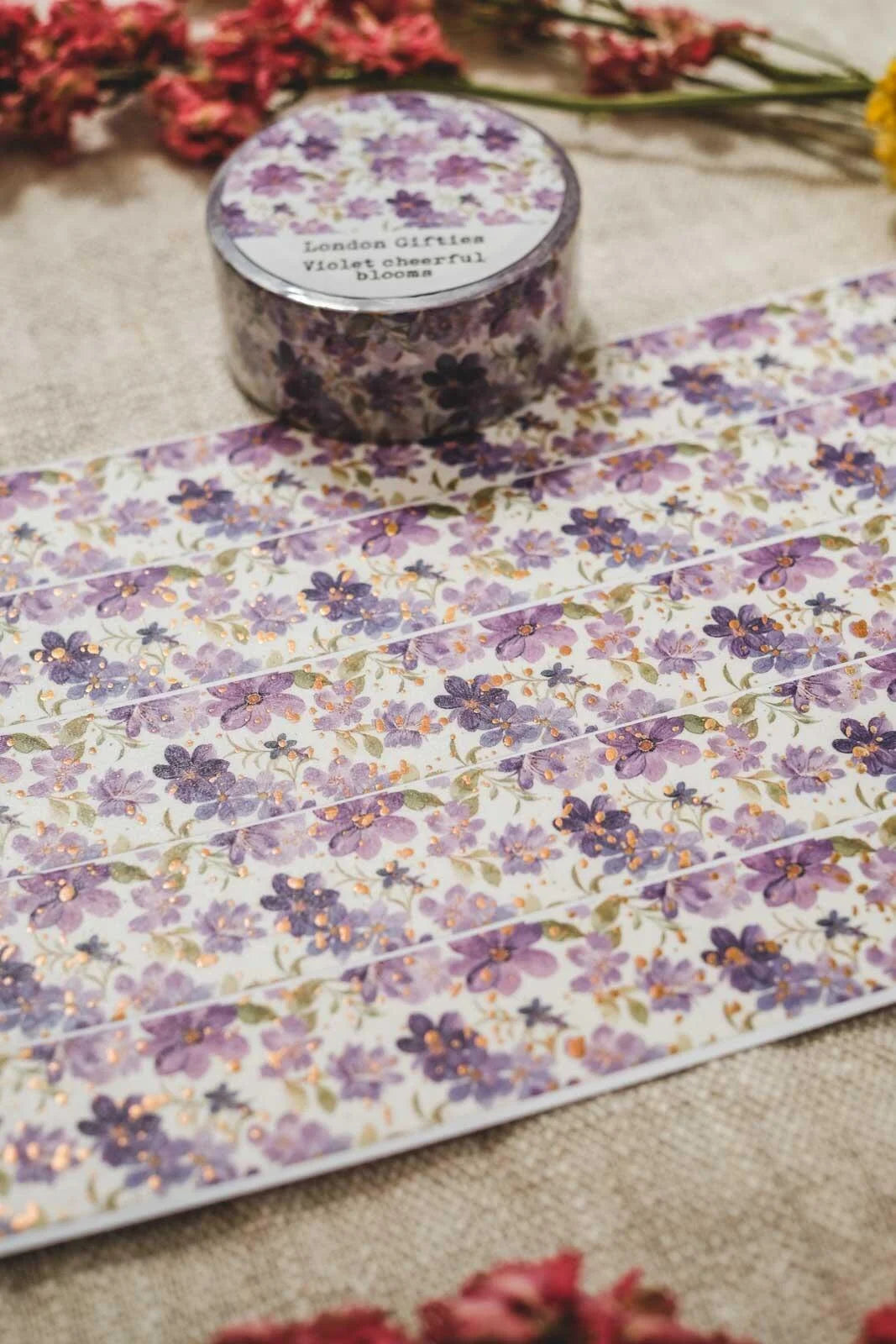 London Gifties Violet Cheerful Blooms 2cm wide foil washi tape
