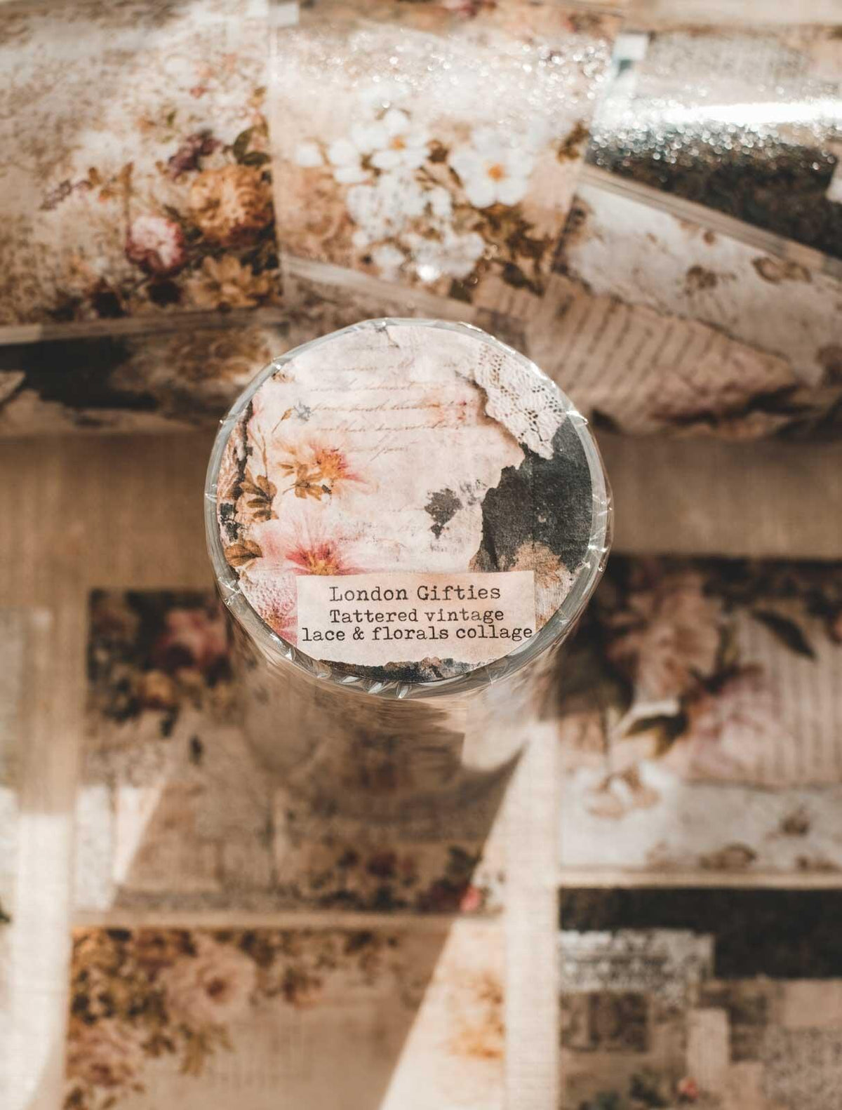Tattered Vintage Lace & Florals Collage 8cm Wide Kiss Cut Ink PET Tape — image 1