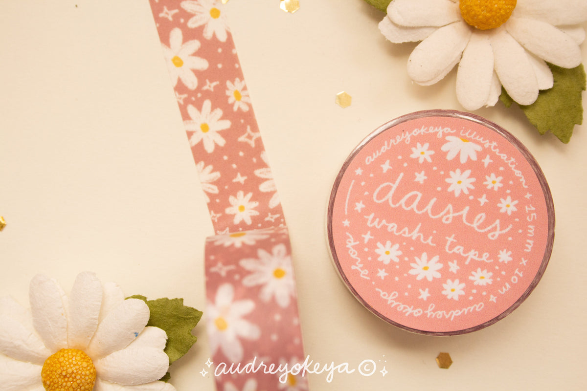 Okeya Daisy washi tape in Dusty Pink with white daisy illustrations