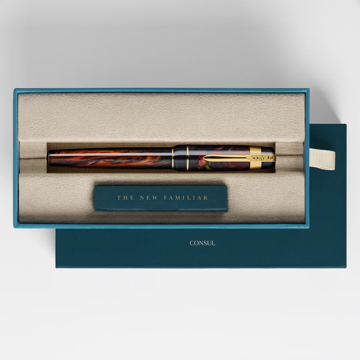 Consul Guardian fountain pen in Ember, capped in its teal Consul presentation box