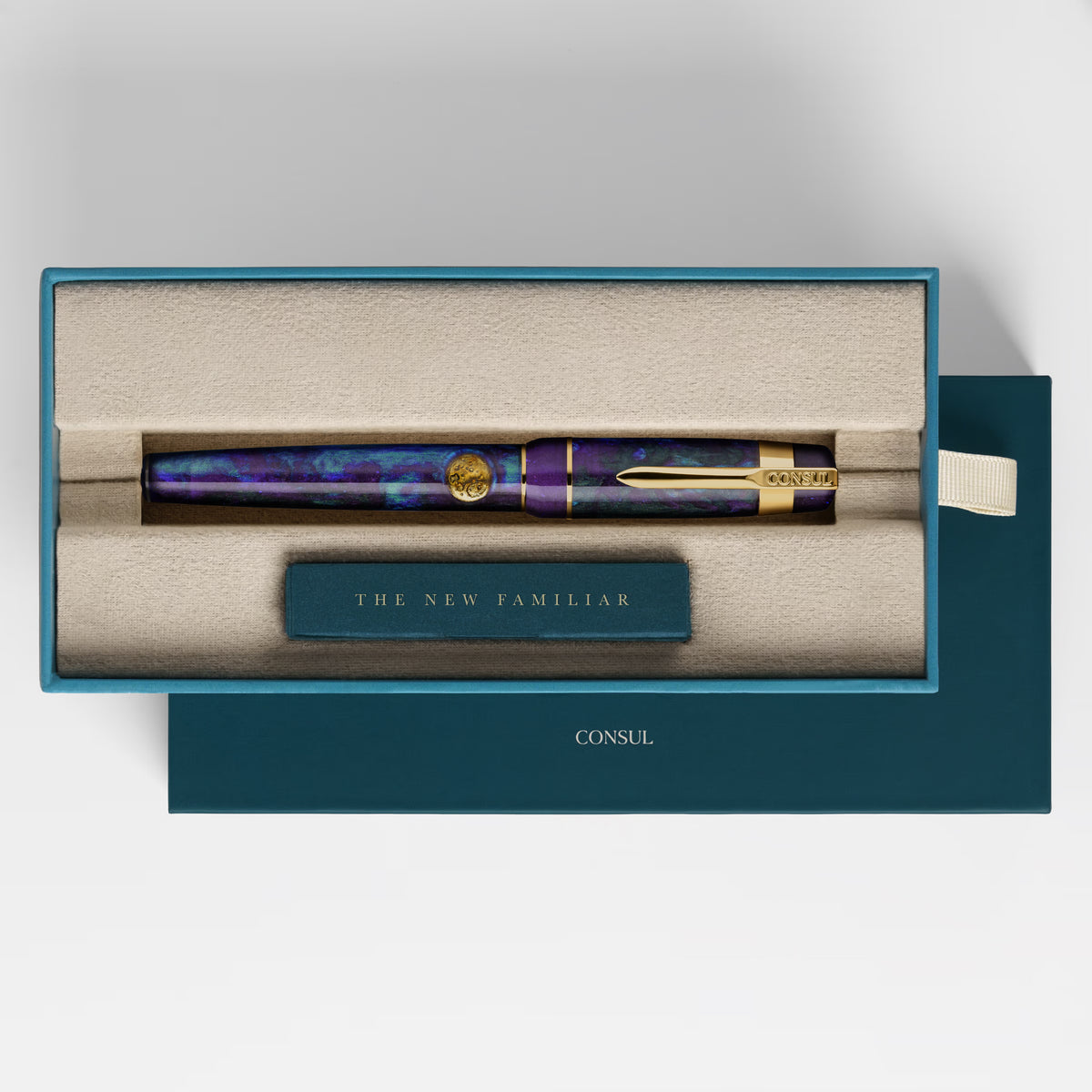 Consul Guardian fountain pen in Nightfall, capped in its teal Consul presentation box
