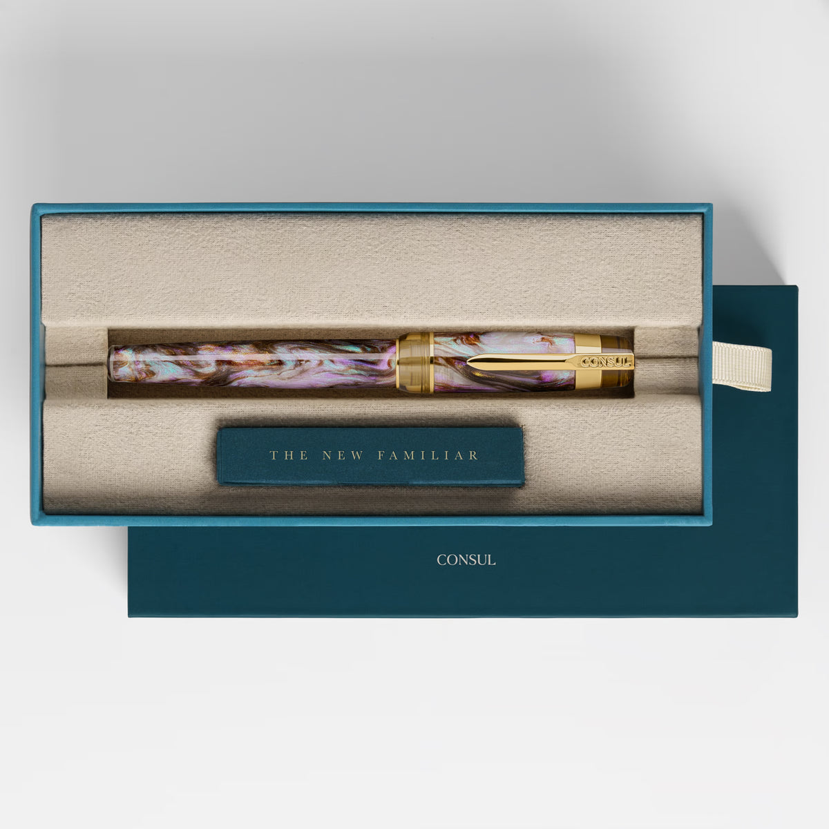 Consul Guardian fountain pen in Oyster, capped in its teal Consul presentation box