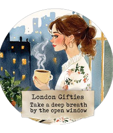 Woman holding a cup with text 'London Gifties Take a deep breath by the open window' on a circular sticker.