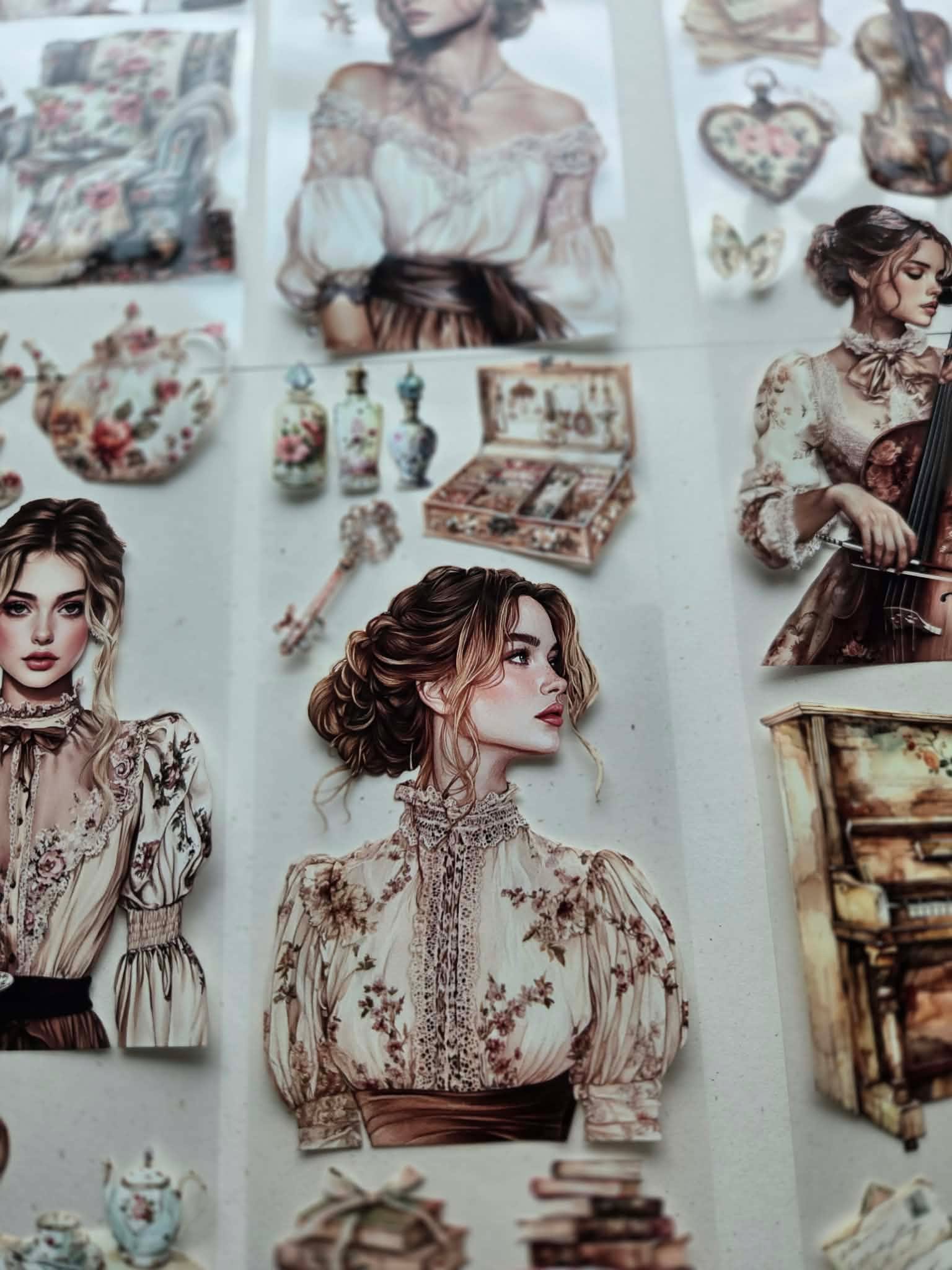 Collection of vintage-style illustrations featuring women, furniture, and decorative items on a textured surface.