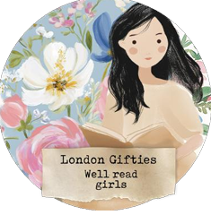 Illustration of a woman reading a book with flowers in the background, featuring 'London Gifties Well read girls' text.